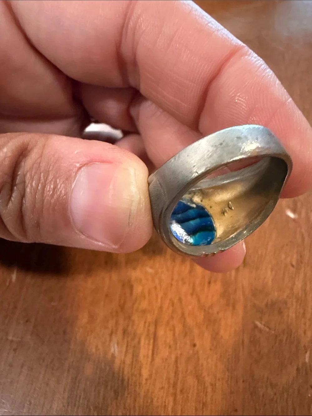 Vintage 14K Gold Electroplated Men's Ring with Blue-Green Abalone Cabochon 8 3/4